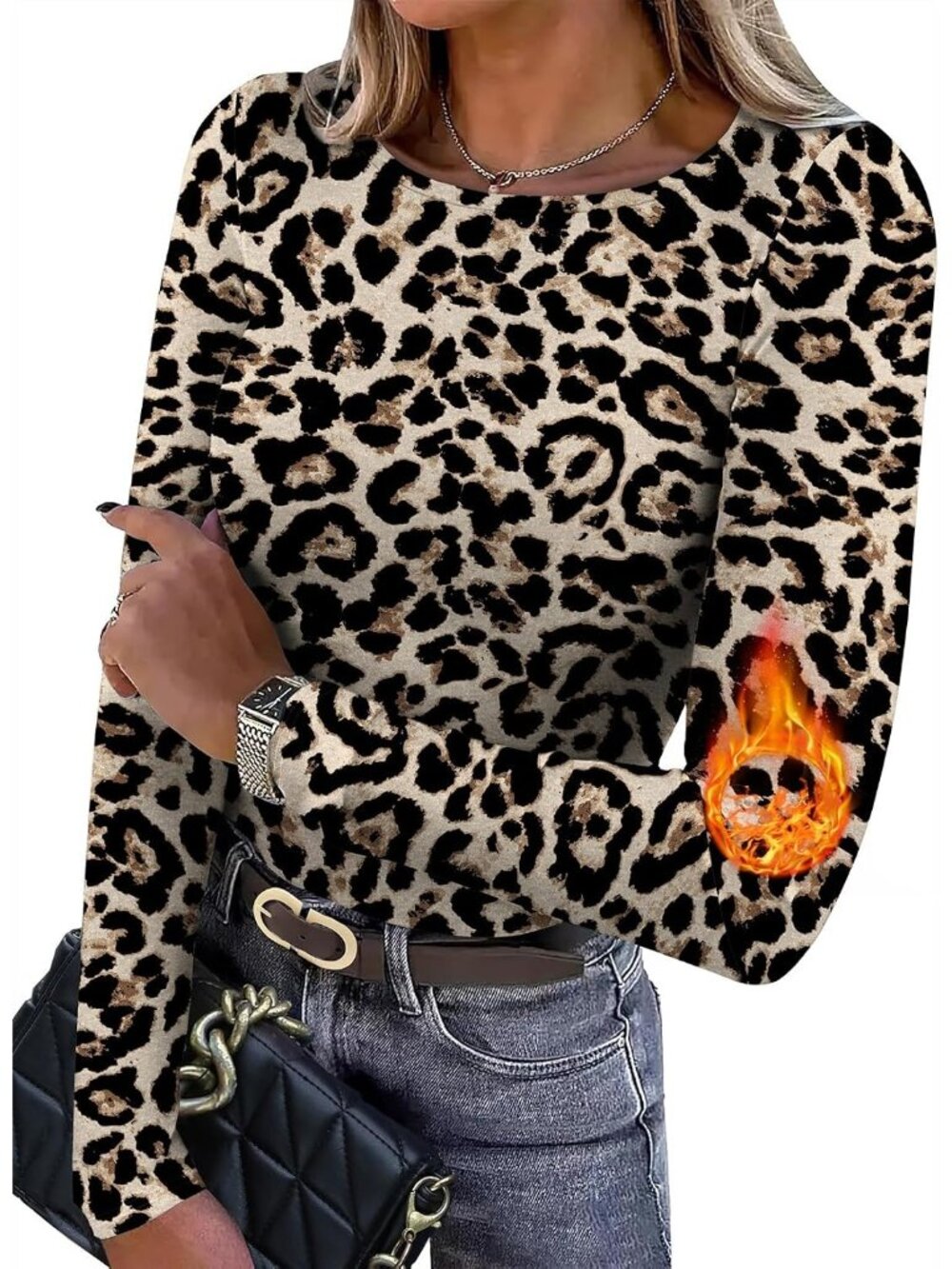 Women's Leopard Crew Neck Long Sleeve Light Fleece Casual Basic Tops T Shirts